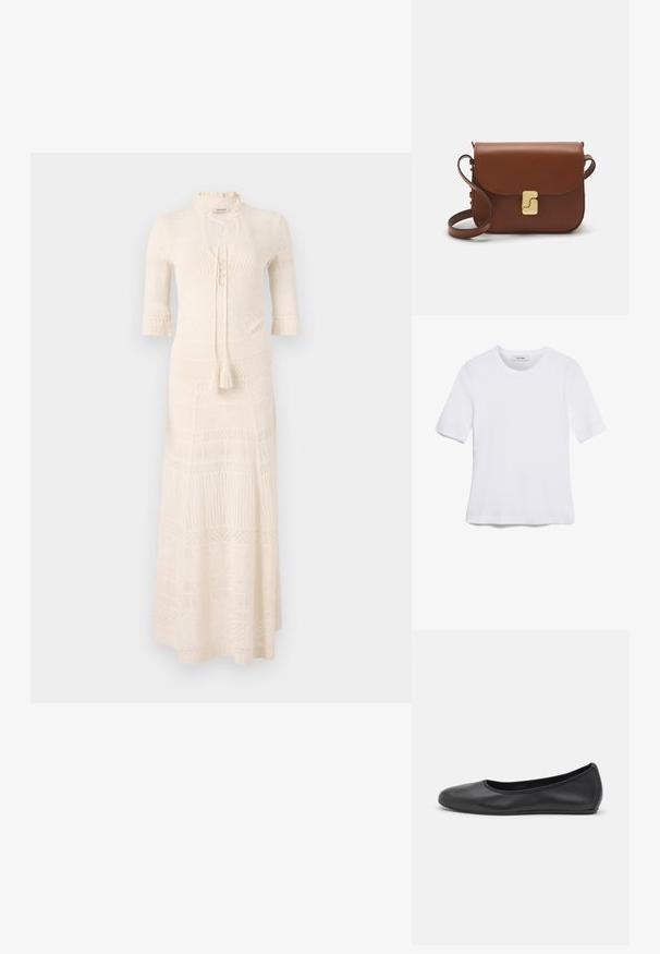 Knit maxi dress in cream with a funnel neck, half sleeves, and a textured pattern. Features a tie closure and tassel detail at the waist.; White short-sleeve t-shirt made of ribbed fabric. Round neckline, regular fit, and subtle stitching details. No patterns or graphics.; Black leather ballet flat with a rounded toe, smooth texture, minimal stitching detail, and a flexible sole design.; Brown leather handbag with a flap closure, gold-tone hardware, a shoulder strap, and a smooth texture. Compact rectangular shape.