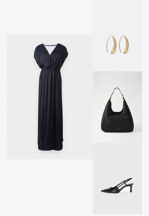 Rochie maxi neagră din material neted, cu decolteu în V, mâneci scurte tip batwing și un waistband elastic pentru un fit relaxat.; Pantofi cu toc slingback negri din patent, cu vârf ascuțit, cu imprimeu de șarpe texturat, curea ajustabilă și toc scurt texturat.; MICHAEL Michael Kors NOLITA HOBO  - Geantă de mână - black; Cercei din metal auriu, cu un design curbat și alungit. Au o suprafață netedă și strălucitoare, cu un vârf rotunjit pentru un detaliu suplimentar.