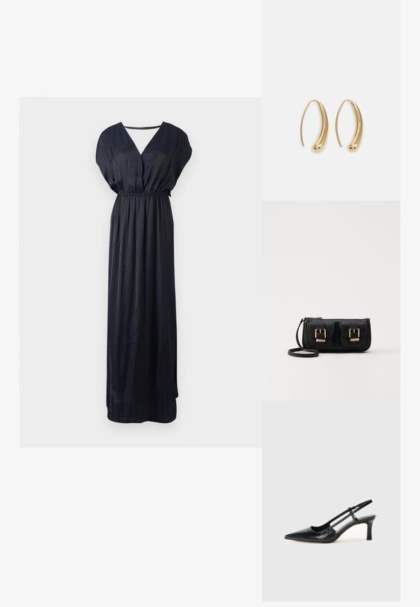 Crna maksi haljina od glatkog materijala, s V-izrezom, kratkim rukavima u obliku šišmiša i elastičnom sredinom za opušteni kroj.; Crne lakirane slingback pete s oštrim vrhom, s teksturiranim uzorkom zmijske kože, podesivom remenom i kratkom, teksturiranom blok-petom.; Crna kožna torba preko ramena s dva prednja džepa, zlatnim kopčama, zatvaranjem na zip i uskim remenom. Teksturirana površina i kompaktan pravokutan oblik.; Zlatne metalne naušnice u obliku obruča s zakrivljenim, izduženim oblikom. Imaju glatku, sjajnu površinu i zaobljeni vrh za dodatni detalj.