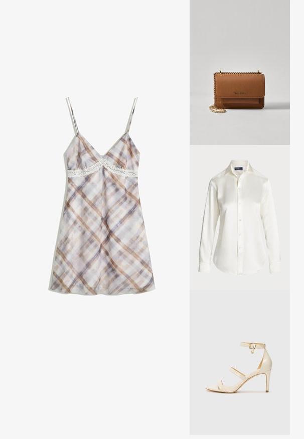 Karirana obleka z naramnicami, ki ima čipkast rob na prsi. Barve vključujejo mehko bež, rjavo in svetlo vijolično na svetlem ozadju.; Bela dolgimi rokavi gumbasta srajca, izdelana iz gladkega materiala, z klasičnim ovratnikom in rahlim sijajem, okroglo krojena z gumbnimi detajli.; Bež čevlji na visoki peti s tankim trakcem okrog gležnja in dvema zgornjima trakoma. Sijajna lakirana površina in zlat detajl na trakcu okrog gležnja.; Rjava teksturirana usnjena torba čez ramo z zlatim verižnim trakom in zapiranjem na pokrov. Spredaj je vidna podrobnost logotipa in žep pod pokrovom.