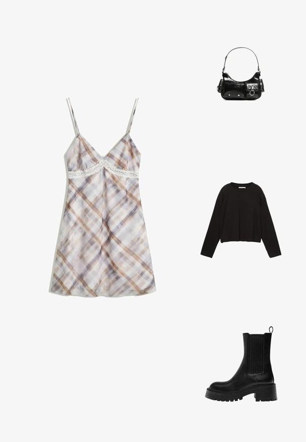 Rochie tip slip în carouri cu bretele subțiri, având o dantelă la bust. Culorile includ un bej deschis, maro și violet deschis pe un fundal deschis.; Cămașă scurtă, cu mânecă lungă, de culoare neagră, fabricată din bumbac moale. Are un guler rotund și o croială largă, cu umeri căzuți. Nu are modele sau accente vizibile.; Botine negre din piele cu o talpă groasă, panouri laterale texturate și un tab de prindere. Caracteristici: finisaj neted și vârf rotunjit.; Geantă de mână din piele lăcuită neagră, cu o formă curbată, un umăr, buzunare frontale și accente din metal argintiu.