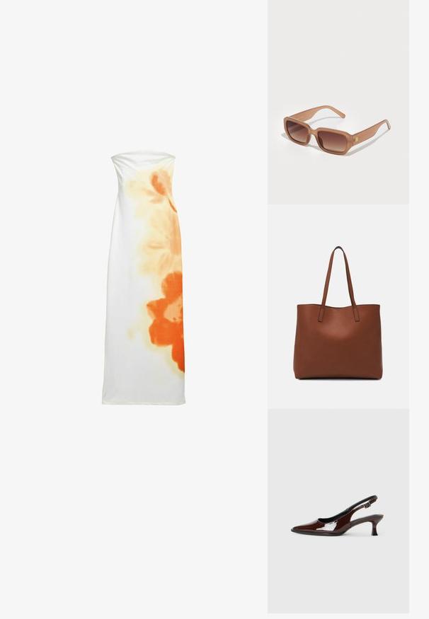 Strapless maxi-jurk van witte stof met een kleurrijk oranje bloemenpatroon aan één kant, met een gladde textuur en een aansluitend ontwerp.; Bruine gepatineerde leren slingback-schoen met een spitse neus en een gematigd hakje. Voorzien van een gespsluiting voor een veilige pasvorm. Glad van textuur.; Bruine rechthoekige zonnebril met gradient lenzen, dikke monturen en een logo-detail aan de zijkant. Soepel plastic materiaal, minimalistisch ontwerp.; Bruine leren tote bag met een gladde textuur, een ontwerp met een open bovenkant en twee schouderbanden. Kenmerkt zich door minimale stiksels en geen zichtbare hardware.