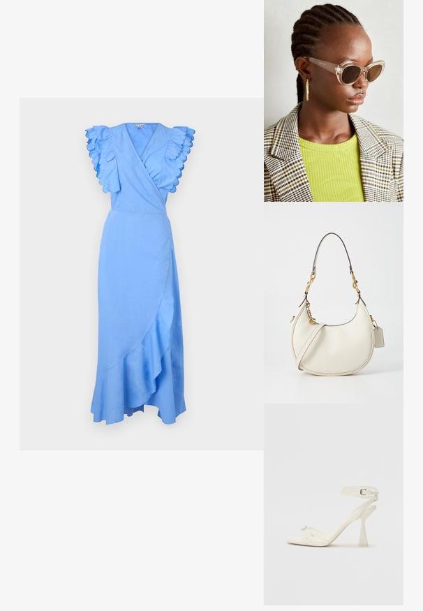 Vestido azul com detalhes de ombros em babados, apresentando uma saia fluida com uma barra ondulada. Feito de um tecido leve, com textura suave.; Sandal de salto alto com tiras em couro branco, com um design elegante, um salto bloco transparente e um elemento decorativo na ponta.; Óculos de sol estilo cat-eye claros com lentes castanhas e armação transparente. Modelo a usar uma blusa verde com nervuras e um blazer de tecido xadrez. Brincos em forma de argola dourados.; Bolsa de mão de couro creme com uma forma curva, apresentando um detalhe em metal dourado e uma alça ajustável. Textura suave com costura contrastante.