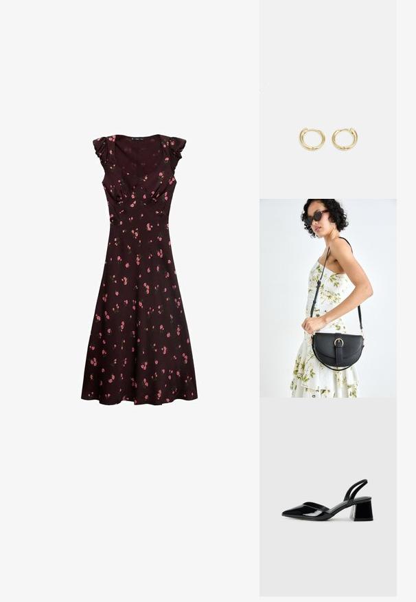 Ciemnobrązowa sukienka z krótkimi falbaniastymi rękawami, w kwiatowy wzór z małymi różowymi różami, dopasowany gorset, luźna spódnica i okrągły dekolt.; Czarne lakierowane półbuty na obcasie z wydłużonym noskiem i geometrycznym słupkiem. Charakteryzują się eleganckim, minimalistycznym designem oraz gładką fakturą.; Czarna skórzana torebka o zakrzywionym kształcie, z odpinanym paskiem i złotymi akcentami. Torebka posiada klapę z zapięciem w kształcie klamry.; Złote kolczyki w kształcie obręczy o gładkim, zaokrąglonym wzornictwie. Posiadają małe zapięcie na zawias, lekką konstrukcję i błyszczące wykończenie.