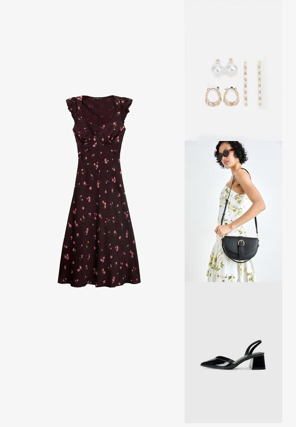 Tmavě hnědé šaty s krátkými volánkovými rukávy, květinovým vzorem s malými růžovými růžemi, vypasovaným živůtkem, splývavou sukní a kulatým výstřihem.; Černé lakované kožené lodičky na pásku s špičatou špičkou a geometrickým blokovým podpatkem. Vyznačují se elegantním, minimalistickým designem a hladkým povrchem.; Černá kožená kabelka s křivkovým tvarem, odnímatelným popruhem a zlatými detaily. Kabelka má klopu s přezkou.; Tři páry náušnic: velké bílé perlové naušnice, zlaté kruhové naušnice s průhlednými drahokamy a dvě dlouhé, rovné zlaté naušnice s třpytivými detaily.