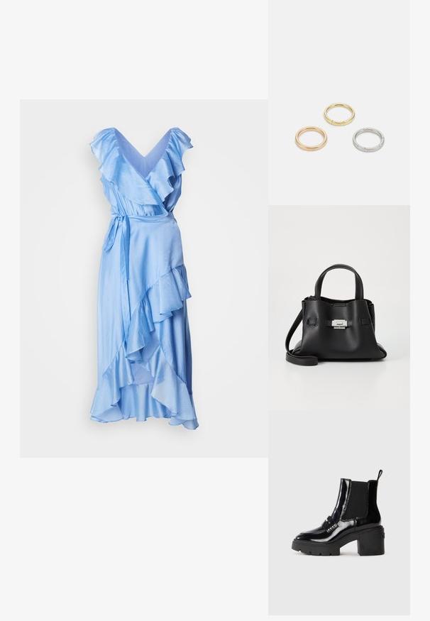 Rochie închisă albastră dintr-o țesătură netedă, cu mâneci și margine volan. Dispune de o curea cu nod în talie pentru o ajustare ușoară.; Botine negre din patent, cu tocuri groase, panouri elastice laterale, curea decorativă și cusături contrastante. Textură uniformă cu un finisaj lucios.; Geantă de mână din piele neagră cu o finisare texturată, având două mânere superioare, o curea de umăr detașabilă și un detaliu cu închidere din argint.; Trei inele din metal: unul roz aurie, unul auriu cu accente texturate și unul argintiu, toate cu branding gravat pe banda interioară.