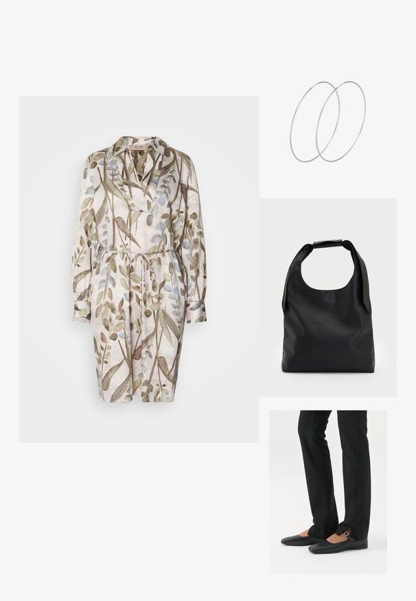 Šaty s kvetinovým vzorom z ľahkého materiálu, s golierom, opaskom v páse, dlhými rukávmi a akcentmi v odtieňoch zelenej, hnedej a modrej.; Čierne kožené baletky s špicatou špičkou, remienkom so striebornou prackou, skombinované s čiernymi strihovými nohavicami so rozparkom na leme.; Čierna kožená kabelka s veľkým otvoreným horným dielom a jedným ramenným popruhom. Mäkká textúra, minimalistický dizajn, obsahuje jemné hardvérové akcenty.; Strieborné kruhové náušnice s minimalistickým dizajnom. Cirkulárny tvar, hladký povrch a tenký profil. Ľahké s lesklým povrchom.