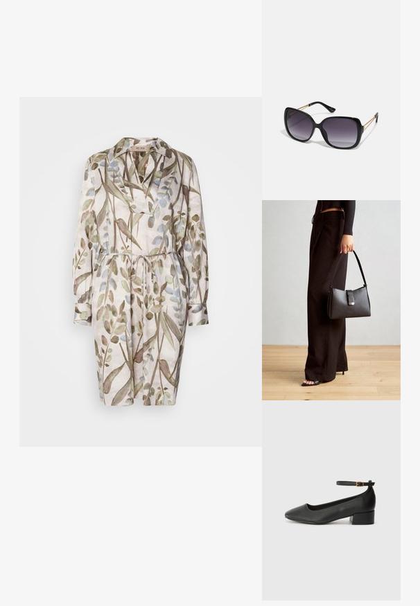 Rochie cu model floral dintr-un material ușor, având guler, talie accentuată cu curea, mâneci lungi și nuanțe de verde, maroniu și albastru.; Pantof cu toc negru din piele, cu vârf ascuțit și toc mic pătrat. Dispune de o curea la gleznă cu o cataramă în tonuri de aur. Textură netedă.; Ochelari de soare negri, supradimensionați, cu lentile degradate, rame groase și detalii cu lanț de ton auriu pe brațele templului.; Genți negre cu o formă structurată, textură netedă și un închizător metalic. Asortată cu pantaloni negri largi și sandale cu vârf deschis pe un podea din lemn.