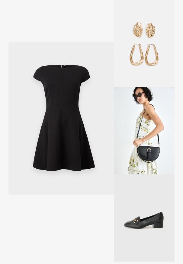 Vestuário preto de mangas curtas com um corpete justo e uma saia rodada. Tecido suave, design até ao joelho e um fecho oculto nas costas.; Mocassins de couro preto com um salto baixo, apresentando um detalhe decorativo em metal dourado na parte da frente e uma textura suave.; Bolsa de couro preta com forma curva, alça destacável e detalhes em dourado. A bolsa possui uma aba com detalhe de fivela.; Brincos em tom de ouro com formas onduladas e texturizadas. Inclui studs escultóricos com presilha e um design de argola aberta com um acabamento martelado.