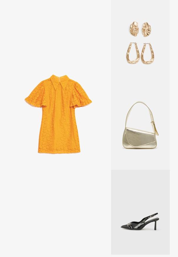 Δαντελένιο φόρεμα σε φωτεινό κίτρινο με κοντά ραμμένα μανίκια, πονταριστό γιακά και υφασμάτινο λουλουδάτο μοτίβο σε όλη την επιφάνεια, διαθέτει φερμουάρ στην πλάτη.; Μαύρο παπούτσι slingback από πατέντο δέρμα με μυτερή μύτη, λουράκια στον αστράγαλο που διαθέτουν ασημένιες αγκράφες και μεταλλικά στοιχεία, και λεπτό τακούνι.; Χρυσή μεταλλική τσάντα χειρός με δομημένο σχέδιο, λεία υφή και ρυθμιζόμενο λουρί. Διαθέτει μοναδικό τριγωνικό σχήμα και μινιμαλιστική ραφή.; Χρυσά σκουλαρίκια με υφή, κυματιστά σχήματα. Περιλαμβάνουν γλυπτικά κλιπ-σε σκουλαρίκια και σχέδιο ανοιχτού σκουλαρικιού με σφυρήλατη επιφάνεια.
