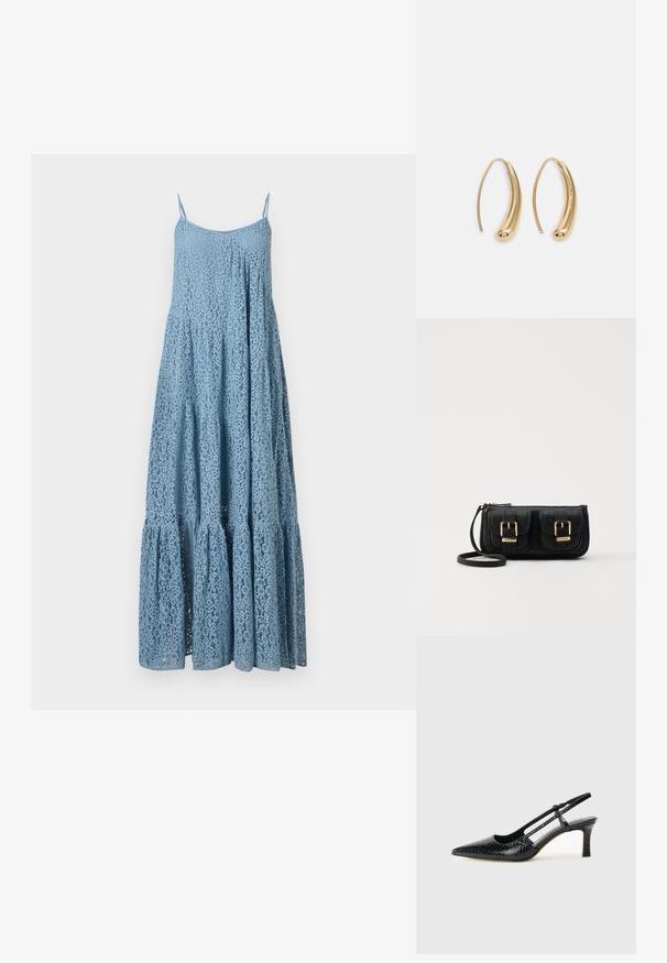Blå blonde maxi-kjole med justerbare spaghettistropper, A-linjeform, tiered flæsekant, intrikat blomstermønster og gennemsigtig tekstur.; Sorte patent slingback hæl med spids tå, prydet med tekstureret slangeskindsmønster, justerbar rem og en kort, tekstureret blokhæl.; Sort læder crossbody taske med to frontlommer, guldspænder, lynlåslukning og en slank rem. Struktureret overflade og kompakt rektangulær form.; Guldfarvede metal hoops øreringe med en bøjet, forlænget form. Har en glat, skinnende overflade og en afrundet spids for ekstra detalje.