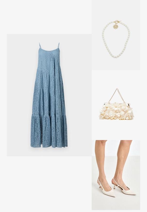 Sinine pitsiline maksikleit reguleeritavate spagetti rihmadega, A-line kujuga, kihiline volangäär, keeruline lillemuster ja läbipaistev tekstuur.; Beesek patentnaha slingback kontsad 5 cm kontsaga, millel on terav nina ja lõigatud külgedega ning õhuke pahkluu rihm.; Valge lilleline käekott, millel on volditud kangapind, kuldne ahelakott ja metallist klamber. Omab tekstureeritud kroonlehti, mis lisab detailidele sügavust.; Lauren Ralph Lauren COLLAR - Kaelakee - gold-coloured/white