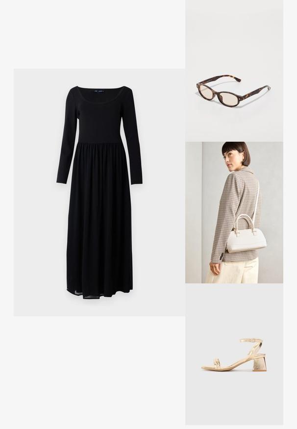 Černé maxi šaty s dlouhým rukávem, přiléhavým živůtkem a nařaseným pasem, vyrobené z hladkého, lehkého materiálu, s širokým kulatým výstřihem.; Zlaté metalické sandály na podpatku s ostrým blokovým podpatkem, dvěma pásky přes nohu a nastavitelným páskem kolem kotníku. Hladká textura.; Sluneční brýle ve tvaru zakulacené skořápky s lehkými čočkami. Mají robustní nohy se zlacenými akcenty, vyrobené z plastového materiálu.; Bílá strukturovaná kabelka s krátkými uchy a ramenním popruhem, zdobená zlatými kovovými prvky a texturovaným materiálem, vystavená na šedém pozadí.