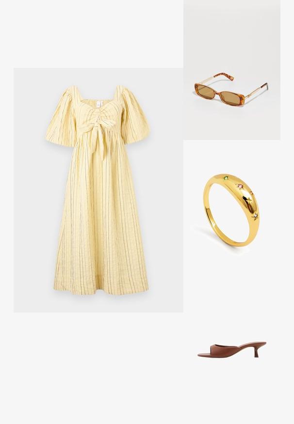 Żółta sukienka z teksturowanej tkaniny w pionowe niebieskie paski. Posiada kwadratowy dekolt, bufiaste rękawy oraz wiązanie w talii.; Brązowe klapki na obcasie z odsłoniętymi palcami, o gładkim, matowym wykończeniu, z zakrzywionym kształtem i przezroczystym, zwężającym się obcasem.; Brązowe okulary przeciwsłoneczne w cętki z prostokątnymi oprawkami, złotymi metalowymi ramionami i jasnobrązowymi soczewkami. Elegancki design, bez widocznych logo.; Złoty pierścionek z gładką, zaokrągloną obrączką, ozdobiony pięcioma akcentami w kształcie gwiazd, z których każda jest zdobiona kolorowymi kamieniami szlachetnymi w odcieniach różu, zieleni i niebieskiego.
