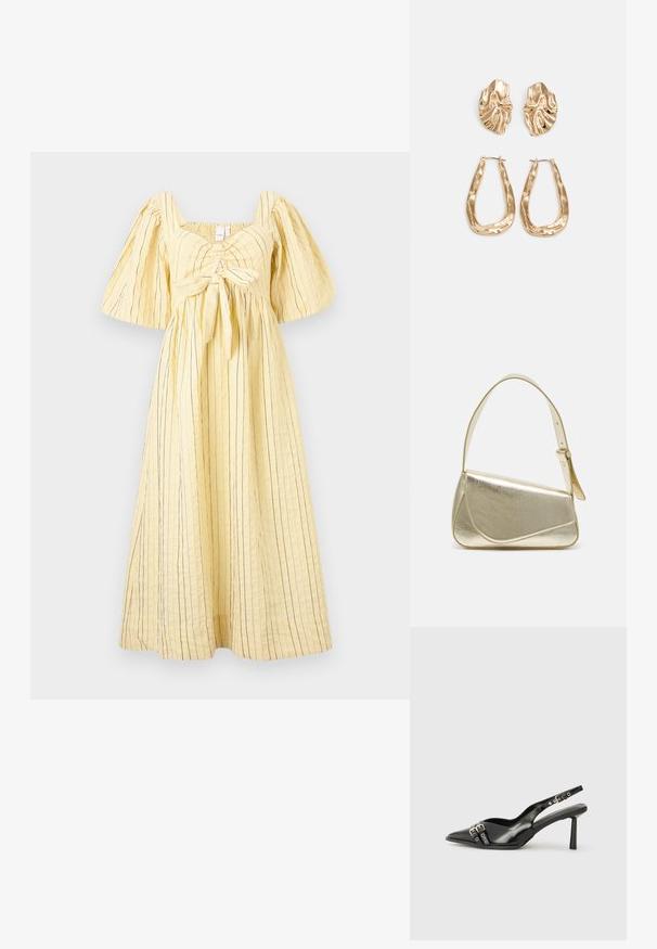 Gul kjole laget av teksturert stoff med vertikale blå striper. Den har firkantet halslinning, puff-ermer og en bundet midje.; Sorte patentlær slingback-sko med spiss tå, ankelremmer med sølvspenner og detaljer, og en slank hæl.; Gullfarget metallisk håndveske med en strukturert design, glatt tekstur og justerbar stropp. Har en unik trekantet form og minimalistisk søm.; Gullfargede øredobber med teksturerte, bølgete former. Inkluderer skulpturelle klipsstuds og åpen hoop-design med en hamret finish.