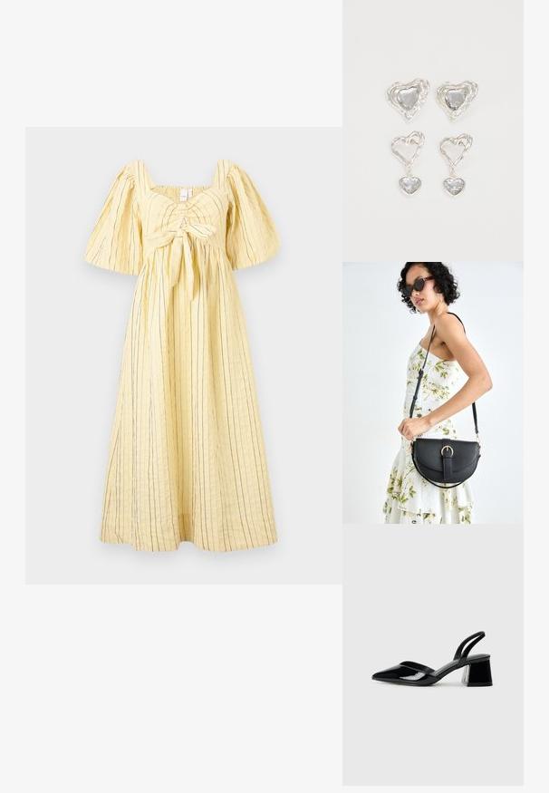 Sárga ruha szövetes mintával, függőleges kék csíkokkal. Négyzet alakú dekoltázzsal, puffos ujjal és megkötős derékkal rendelkezik.; Fekete lakk bőr szandálkés magas sarkú cipő, hegyes orral és geometrikus tömbsarkakkal. Karcsú, minimalista dizájn és sima textúra jellemzi.; Fekete bőrtáska ívelt formával, levehető pánttal és arany színű fémrészekkel. A táskán egy csattal díszített fedél található.; Ez az ezüst szív alakú fülbevaló sima, átlátszó kövekkel rendelkezik, texturált kerettel. A készlet stud és csepp stílust is tartalmaz.