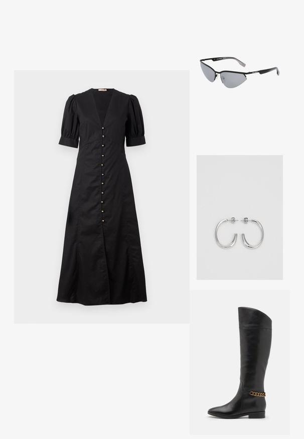 Čierne midi šaty s výstrihom do V a puffovanými krátkymi rukávmi, s líniou zlatých gombíkov na prednej strane a predným rozparkom.; Vysoké čierne kožené čižmy so štíhlym dizajnom, špicatou špičkou a zlatým reťazovým akcentom na členku. Nízky blokový podpätok. Hladká textúra.; Čierne slnečné okuliare s ostrým, mačacím dizajnom. Strieborné zrkadlové šošovky. Úzke, ľahké plastové rámy s diskrétnym brandingom na spánkoch.; Strieborné kruhové náušnice s hladkým, lesklým povrchom, majú zakrivený tvar a zapínanie na puzetu. Minimalistický dizajn s moderným vzhľadom.