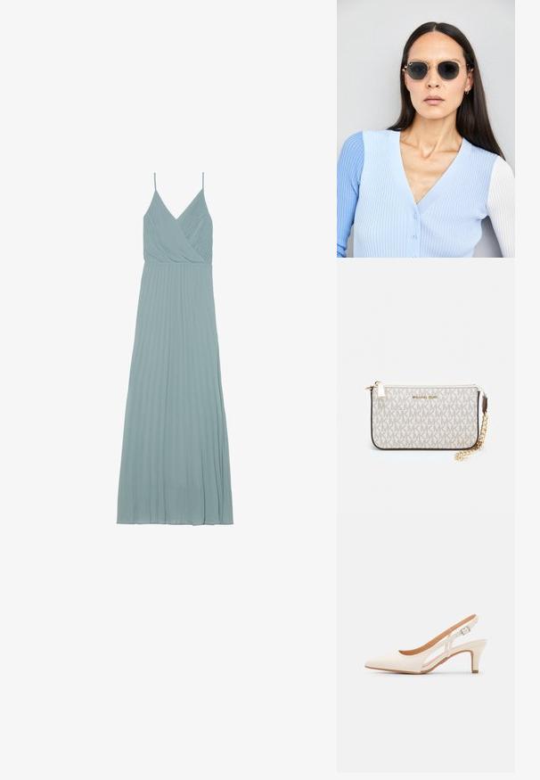 Světlé modré šaty s plisováním a zavinovacím designem, tenkými ramínky a splývavým siluetou, vyrobené z lehkého materiálu.; Bílé lodičky na podpatku s špicatou špičkou, hladkým svrškem, nízkým blokovým podpatkem a designem s bočním výřezem se stahovací sponou.; Kulaté sluneční brýle s tmavými čočkami a zlatými rámy. Modelka má na sobě světle modrý žebrovaný kardigan s knoflíky a kontrastními bílými rukávy.; Kabelka na zápěstí Michael Kors v béžové potažené plátno s opakujícím se vzorem loga MK, zlatými kovovými doplňky a odnímatelným řetízkovým popruhem.