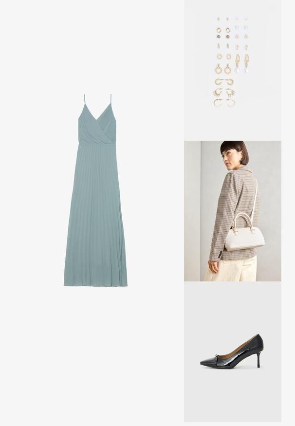 Light blue pleated dress with a wrap design, thin straps, and a flowing silhouette, made from a lightweight fabric.; Black patent leather high-heeled shoe with a pointed toe, decorative strap detail at the front, and a thin stiletto heel.; White structured handbag with short handles and a shoulder strap, featuring gold hardware accents and textured material, displayed against a grey background.; Set of gold-tone earrings featuring various designs, including studs, hoops, and dangling pieces with pearls and rhinestones.