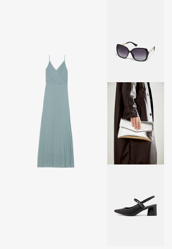 Lys blå, plisserte kjole med en omslagsdesign, tynne stropper og en flytende silhuett, laget av et lett stoff.; Sorte lakk lær slingback hæler med spiss tå, et avrundet utskjæringsdesign og blokkheel. Har en gulltone spenne som detalj.; Sorte oversized solbriller med gradient linser, tykke rammer og detaljering med gulltonekjede på tempelarmene.; Sølv metallisk clutch med et vinklet konvoluttdesign, glatt tekstur og kontrastfarge på innsiden, holdt i en hånd iført en svart kåpe.