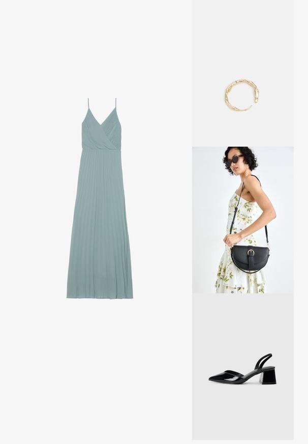 Svijetloplava plisirana haljina s preklopnim dizajnom, tankim trakama i lepršavim siluetom, izrađena od laganog materijala.; Crne lakirane kožne sandale s otvorenom petom i špicastim vrhom, s geometrijskom blok petom. Imaju elegantan, minimalistički dizajn i glatku teksturu.; Crna kožna torba s lukovitim oblikom, odvojivim remenom i zlatnim detaljima. Torba ima preklop s kopčom.; Prsten u zlatnoj nijansi s organskim, uvijenim dizajnom, glatkom teksturom i suženim krajevima, koji stvara moderan, skulpturalni izgled.