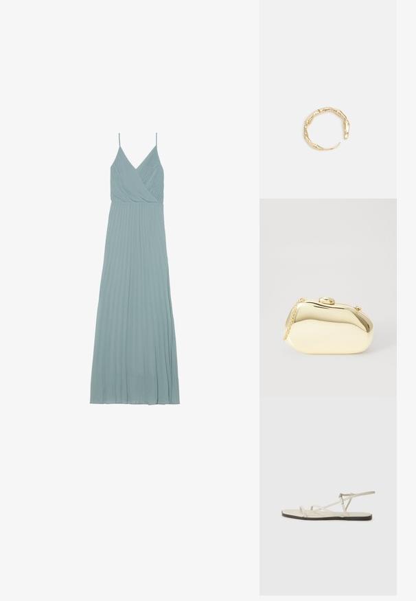 Šviesiai mėlyna klostuota suknelė su apvyniojimo dizainu, plonomis petnešėlėmis ir laisvu siluetu, pagaminta iš lengvos medžiagos.; Bežiniai plokšti sandalai su keliais lieknais dirželiais ir reguliuojamu užsegimu. Padas plokščias, su lengvu tamsiu kontrastu krašte.; Metalinis auksinis rankinukas su glotnia, suapvalinta forma, turintis viršutinį mygtuko užsegimą ir mažą grandinėlės dirželį nešiojimui.; Auksinės spalvos žiedas, turintis organišką, sukimosi dizainą su lygiu paviršiumi ir siaurėjančiais galais, sukuriantis modernią skulptūrinę išvaizdą.