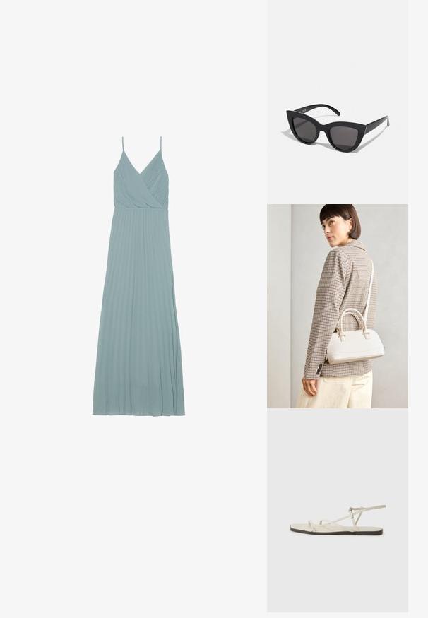 Világos kék, redőzött ruha átkötős kialakítással, vékony pántokkal és légies sziluettel, könnyű anyagból készült.; Beige lapos szandál, amelyet több vékony pánt díszít, és állítható csattal rendelkezik. A talpa lapos, az élein enyhe sötét kontraszttal.; Fekete macskaszem napszemüveg matt felülettel, szürke árnyalatú lencsékkel, éles vonalakkal és karcsú oldalsó karokkal. A márkaneve látható a belső karon.; Fehér, strukturált kézitáska rövid füllel és vállpánttal, arany színű fém kiegészítőkkel és texturált anyagból, szürke háttér előtt bemutatva.