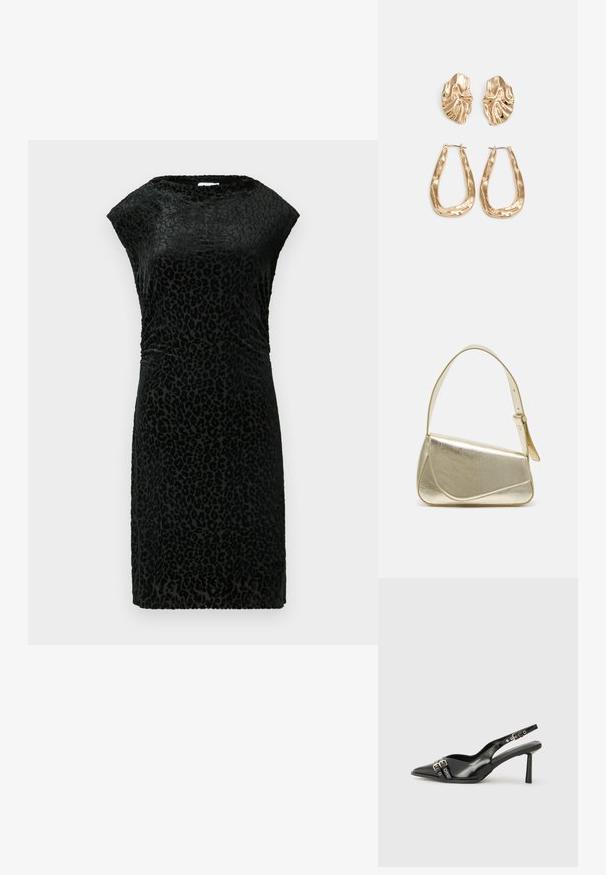 Sorte fløyelskjole med leopardmønster, med cap sleeves, rund halslinje og en tettsittende design for en slank silhuett.; Sorte patentlær slingback-sko med spiss tå, ankelremmer med sølvspenner og detaljer, og en slank hæl.; Gullfarget metallisk håndveske med en strukturert design, glatt tekstur og justerbar stropp. Har en unik trekantet form og minimalistisk søm.; Gullfargede øredobber med teksturerte, bølgete former. Inkluderer skulpturelle klipsstuds og åpen hoop-design med en hamret finish.