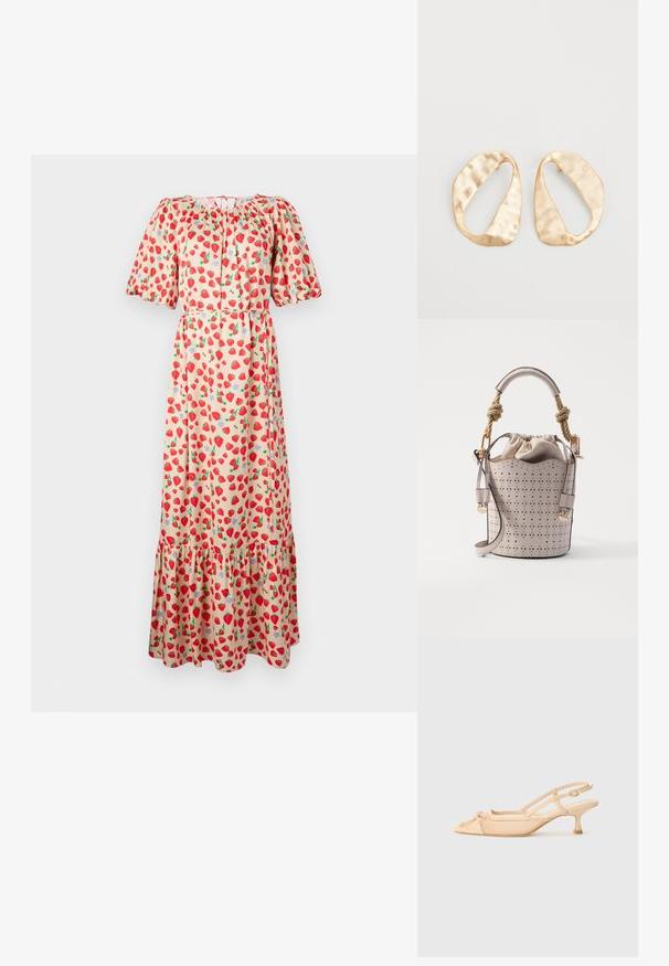 Maximekko, jossa on lyhyet puffihihat, valmistettu kevyestä kankaasta, jossa on mansikkakuosi vaaleanbeige taustalla ja röyhelöhelma.; Stuart Weitzman KITTY - Avokkaat - beige/barely beige; Vanessa Bruno HOLLY MINI - Käsilaukku - ivoire; Pari epämuodostuneita soikeita kultasävyisiä metallikorvakoruja, joissa on teksturoitu, hieman hakattu pinta valkoista taustaa vasten.