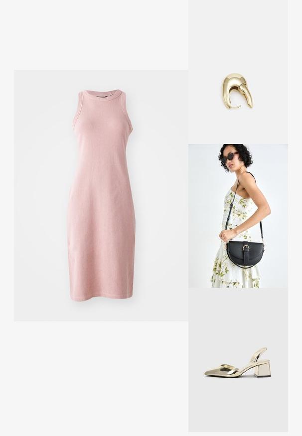 Pletena roza obleka s oprijetim silhueto, brezrokavnim dizajnom, okroglim izrezom in rebrasto teksturo, ki sega tik nad kolena.; Zlati, kovinski slingback čeveljci z ostrim nosom in masivnim peto. Gladka tekstura, minimalistična zasnova in ozka zanka.; Črna usnjena torbica s ukrivljeno obliko, z odstranljivo naramnico in zlatimi dodatki. Torbica ima pokrov s podrobnostmi v obliki zaponke.; Uhane nakit iz zlatastega tona z gladko, ukrivljeno zasnovo. Ima edinstveno koničasto obliko, polirano površino in zaponko s tečajem.