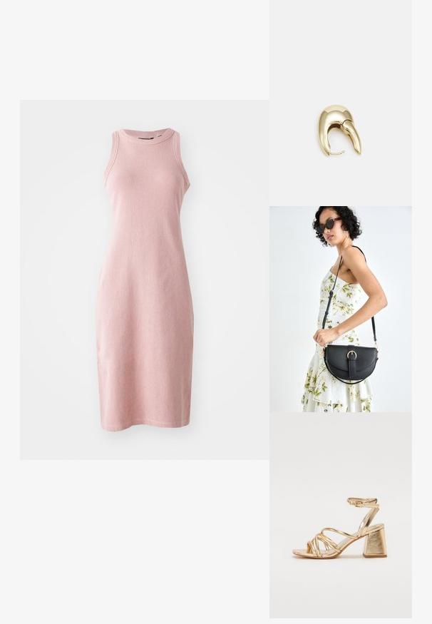 Rochie tricotată roz cu o siluetă ajustată, design fără mâneci, guler rotund și textură cu nervuri, ajungând ușor deasupra genunchiului.; Sandale cu toc metalice aurii, având un design cu barete, toc pătrat și curea ajustabilă la gleznă cu cataramă. Textură netedă.; Geantă din piele neagră, cu o formă curbată, curea detașabilă și accesorii aurii. Geanta are un capac cu un detaliu tip cataramă.; Cercei din metal de culoare aurie cu un design elegant și curbat. Prezintă o formă distinctivă, ascuțită, o suprafață lustruită și un sistem de închidere cu balama.