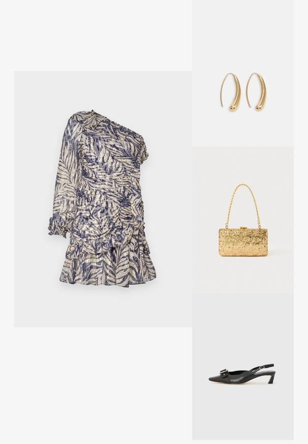 Vienas pleca kleita no caurspīdīga auduma ar zilu un bežīgu lapu rakstu, ar ruche detaļām un viļņotu apakšmalu.; Melnas ādas siksnu kurpes ar smailu pirkstu, nelielu papēdi un dekoratīvu sprādzi augšdaļā. Gluda tekstūra, minimālistisks dizains.; Zelta sekmju soma ar taisnstūra formu, kurai ir savīti ķēdes rokturi un metāla aizdare, kas atspoguļo gaismu ar teksturētu apdari.; Zelta toņu metāla gredzena auskari ar izliektu, pagarinātu formu. Ar gludu, spīdīgu virsma un noapaļotu galu papildu detaļām.