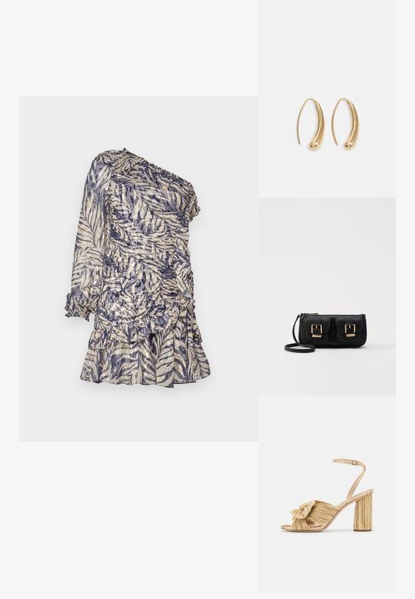 Šaty přes jedno rameno vyrobené z průsvitné tkaniny s modro-bežovým vzorem listů, s nařasenými detaily a volánkovým lemováním.; Zlaté sandály na podpatku s uzlem vpředu, sklady na povrchu a páskem kolem kotníku. Blokový podpatek má žebrovaný design, který zvyšuje přilnavost.; Černá kožená crossbody taška se dvěma předními kapsami, zlatými přezkami, zipovým uzávěrem a štíhlým popruhem. Texturovaný povrch a kompaktní obdélníkový tvar.; Náušnice ve tvaru kruhu z pozlaceného kovu s vroubkovaným, prodlouženým tvarem. Mají hladký, lesklý povrch a zaoblený konec pro zvýraznění detailu.