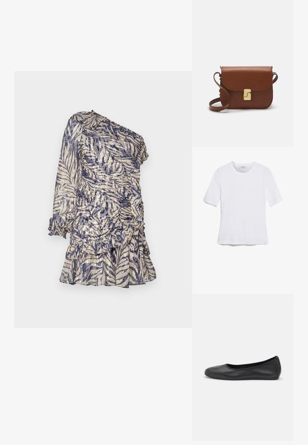 Vieno peties suknelė, pagaminta iš permatomo audinio su mėlynomis ir smėlio spalvos lapų raštais, turinti raukšlėtus akcentus ir banguotą apdailą.; Balta trumpa rankovėmis marškinėliai, pagaminti iš pasiruošusio audinio. Apvali iškirptė, reguliari tinkamumas ir subtilūs siuvimo detalės. Be raštų ar grafikos.; Juodai odiniai baletai su apvaliu pirštu, lygi texture, minimalus siuvimo detales ir lanksčiu padų dizainu.; Ruda odinė rankinė su uždaromu dangteliu, aukso spalvos detalėmis, petneša ir lygiu paviršiumi. Kompaktiška stačiakampio formos.