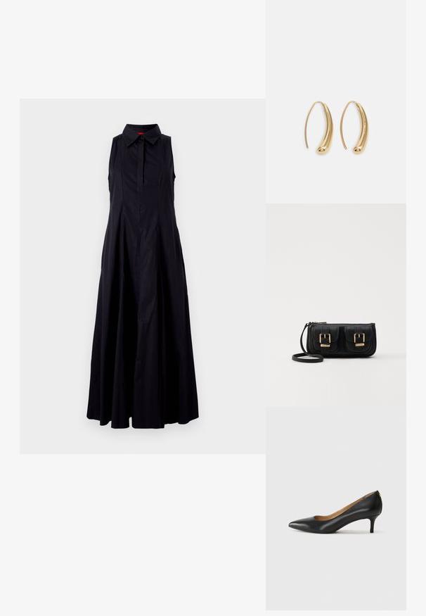 Černé bezramínkové šaty s límečkem, knoflíkovým zapínáním vpředu a volným, áčkovým střihem vyrobené z lehké látky.; Černé kožené lodičky s špičatou špičkou, nízkým podpatkem a hladkým povrchem. Mají mírné otevření vpředu a minimální kovové prvky na zadní straně.; Černá kožená crossbody taška se dvěma předními kapsami, zlatými přezkami, zipovým uzávěrem a štíhlým popruhem. Texturovaný povrch a kompaktní obdélníkový tvar.; Náušnice ve tvaru kruhu z pozlaceného kovu s vroubkovaným, prodlouženým tvarem. Mají hladký, lesklý povrch a zaoblený konec pro zvýraznění detailu.