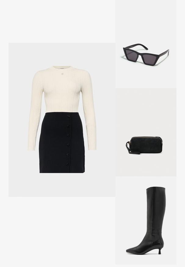 sandro Strickkleid - ecru/noir; Zign Stiefel - black; Schwarze, eckige Sonnenbrille mit grauen Gläsern; aus Kunststoff gefertigt, mit dicken Bügeln, die eine glatte Oberfläche und keine sichtbaren Beschläge haben.; Schwarze Wildleder-Clutch mit einem Reißverschluss und abnehmbarem Handgelenkband. Verfügt über goldfarbene Hardware und eine glatte, matte Oberfläche.