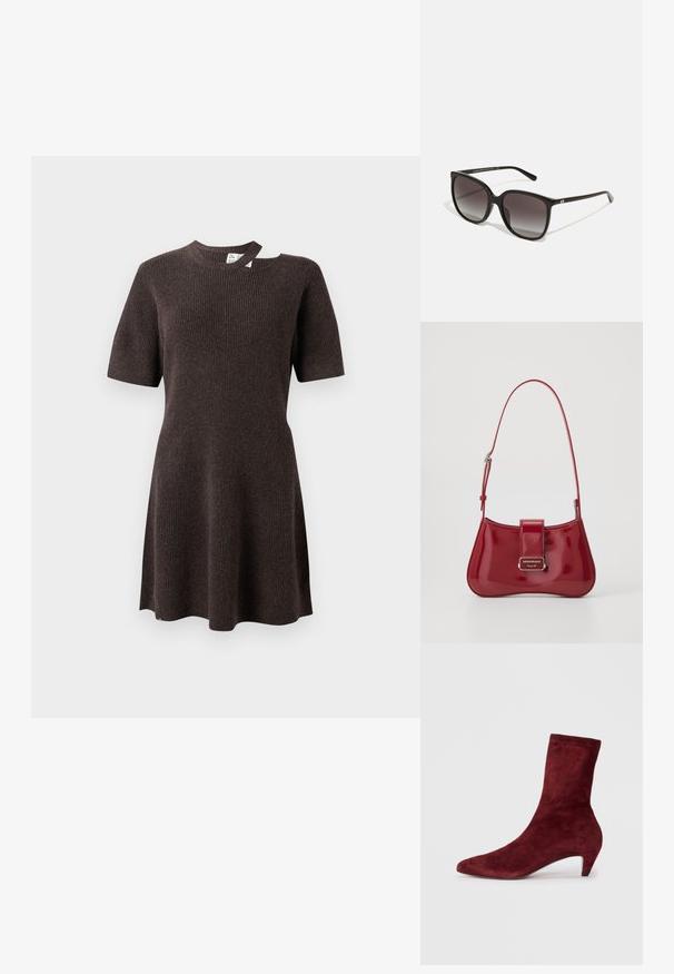 Abito rigato marrone scuro con maniche corte, scollo rotondo e un'apertura unica sulla spalla. Tessuto morbido e textured.; Stivaletto in suede bordeaux con punta affusolata e tacco basso. Texture liscia e design aderente senza hardware o motivi visibili.; Occhiali da sole neri rettangolari con lenti sfumate, montatura in plastica e accento in metallo con logo sulla tempia. Design classico con texture liscia.; Borsa a tracolla in pelle verniciata rossa con forma curvata, chiusura a pattina e un accento con logo silver. Inclusa tracolla regolabile.; Ciondolo a spirale d'oro con una perla bianca su un cordino di pelle marrone. Il ciondolo presenta linee morbide e fluenti con accenti metallici.