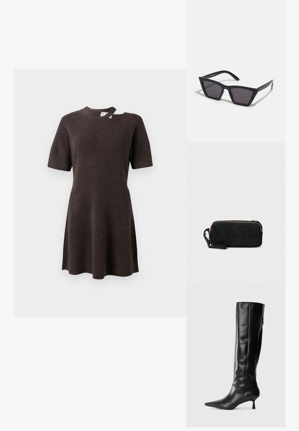 Mörkbrun ribbad klänning med korta ärmar, rund halsringning och en unik öppen detalj på axeln. Mjuk, texturerad tyg.; Svart läderknähigh boot med spetsig tå och smal, böjd klack. Slät textur, åtsittande design och ingen synlig hårdvara eller mönster.; Svarta, vinklade solglasögon med grå linser; tillverkade av plast, med tjocka skalmar med en slät yta och utan synlig hårdvara.; Svart mocka clutchväska med dragkedjestängning och avtagbart handledsband. Utrustad med guldfärgad hårdvara och en slät, matt yta.