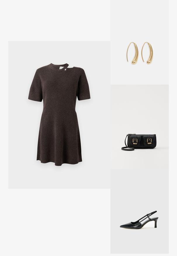 Mørkebrun ribbet kjole med korte ermer, rund halsringning, og en unik åpen detalj på skulderen. Mykt, strukturert stoff.; Sorte patent slingback hæl med spids tå, featuring tekstureret slangeskind, justerbar rem og en kort, tekstureret blokhæl.; Svart skinn crossbody veske med to frontlommer, gyldne spenner, glidelåslukking og en slank stropp. Teksturert overflate og kompakt rektangulær form.; Gullfargede metalløredobber med en buet, forlenget form. Har en jevn, blank overflate og en avrundet tupp for ekstra detaljer.