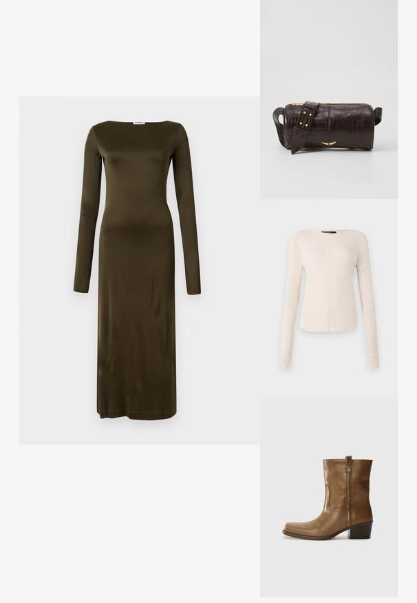Pikad varrukad, sujuvast oliivirohelisest kangast kleit, millel on sirge siluett ja paadisoomusega kaelus. Minimalistlik disain, ilma mustriteta.; Pikkade varrukatega helesinine topp ümmarguse kaelusega. Valmistatud pehmest kangast, sisaldab keskset õmblust ja kergelt kaardus serva. Ei ole nähtavat riistvara.; Pruun nahkne ankle boot ruudukujulise varbaga, tekstuuriga viimistluse ja madala virnastatud kontsaga. Sisaldab taga tõmbeaasat ja peeneid õmbluse detaile.; Pruunist krokodillimustrist nahast kott, millel on silindri kuju, kuldse tooni metalldetailid ja eemaldatav rihm, kus on nupud.