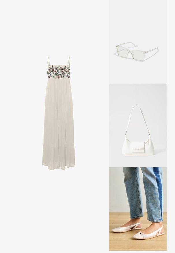 Vero Moda VERO MODA VMSINA LANGES - Maksi suknelė - birch; Šviesiai rožiniai slingback baleto bateliai su smailiu pirštu, pagaminti iš lygios odai panašios medžiagos. Yra išpjovimų detalės šonuose ir plokščias kulnas.; Permat nuleidžiai skaidrūs kvadrato formos akinius su permatomais lęšiais, kurie turi auksines detales ant šventyklų.; Balta sintetinė rankinė trikampio formos, plokščiu priekiu su užsegimu, kaspino detale, reguliuojama dirželiu, lygia tekstūra ir minimalistišku dizainu.