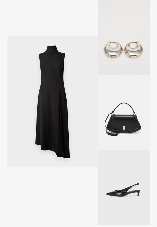 Μαύρο αμάνικο φόρεμα με ψηλό γιακά, παρουσιάζοντας λεία υφή και ασύμμετρο στρίφωμα που πέφτει πιο μακριά από τη μία πλευρά.; Μαύρες δερμάτινες γόβες slingback με μυτερή μύτη, διαθέτοντας λεπτό τακούνι και χρυσή λεπτομέρεια στην ρυθμιζόμενη λωρίδα. Λείος υφές.; Μαύρη δερμάτινη τσάντα με δομημένο σχέδιο, που διαθέτει κομμένο σχήμα, επάνω λαβή και χρυσά μεταλλικά στοιχεία. Περιλαμβάνει ρυθμιζόμενο λουρί ώμου.; Μικρές σκουλαρίκια κρίκοι με χρυσή εξωτερική ακμή και γυαλιστερή, ανακλαστική ασημένια εσωτερική επιφάνεια, εμφανισμένα δίπλα-δίπλα σε λευκό φόντο.