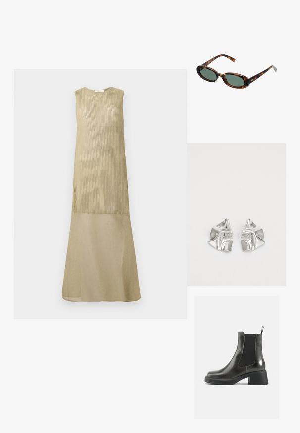 Bez rękawów długa sukienka w jasnym oliwkowym kolorze, z pionową fakturą w górnej części i gładkim, jaśniejszym materiałem w dolnej części spódnicy.; Czarne skórzane botki za kostkę o gładkim wykończeniu, z elastycznymi bocznymi panelami i masywnym obcasem. Posiadają pętelkę ułatwiającą zakładanie.; Okulary przeciwsłoneczne w kolorze tortoise z owalnymi oprawkami i zielonymi soczewkami. Posiadają cienkie zauszniki z metalowym akcentem przy zawiasach.; Srebrne metalowe kolczyki o falistym, rzeźbiarskim wzorze z polerowanym wykończeniem i nieregularnymi kształtami, podkreślające nowoczesny estetykę.