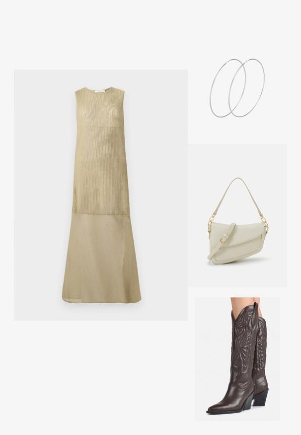 Duga haljina bez rukava u svijetlo maslinastoj boji s vertikalnom rebrastom teksturom na vrhu i glatkim, svjetlijim materijalom za dio suknje.; Smeđe kožne kauboj čizme s šiljastim vrhom i blok-potpeticom, s detaljno izvezenim šavovima i uzdignutim naglascima na okovu.; Mala krem torbica s teksturiranim finišom, dugačkim podesivim remenom, lančanim detaljem i preklopom. Zlaćani hardver.; Srebrne okrugle naušnice s minimalističkim dizajnom. Kružni oblik, glatka tekstura i tanak profil. Lagane s poliranim završetkom.