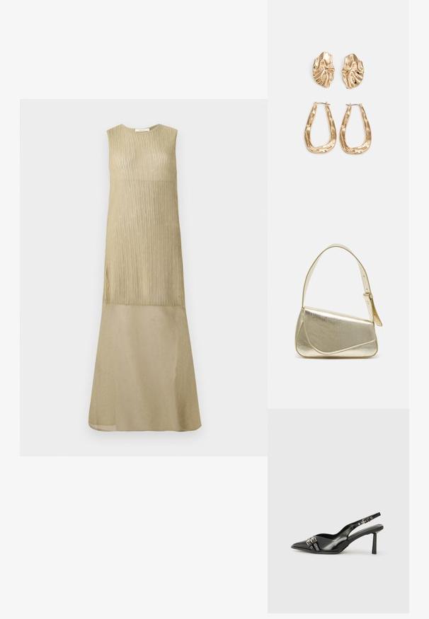 Bezramenné dlhé šaty v svetlo olivovej farbe s vertikálnou rebrovanou textúrou v hornej časti a hladkým, svetlejším materiálom v sukne.; Čierne lakované kožené slingback topánky s špicatou špičkou, remienkami okolo členku s striebornými prackami a hardvérom, a štíhlým podpätkom.; Zlatá metalická kabelka so štruktúrovaným dizajnom, hladkou textúrou a nastaviteľným popruhom. Obsahuje jedinečný trojuholníkový tvar a minimalistické šitie.; Náušnice v zlatej farbe s textúrovanými, vlnitými tvarmi. Obsahujú sochárske klipsové náušnice a otvorený tvar krúžku s kladivkovým povrchom.