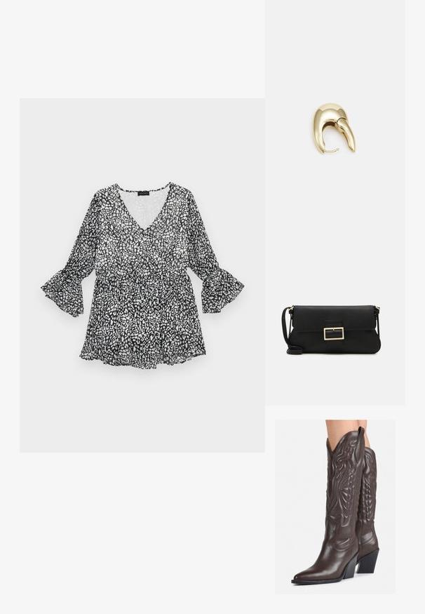 Čierno-biela blúzka s vzorom, s výstrihom do V, dlhými zvonovými rukávmi a sťahovacím pásom. Ľahký, priehľadný materiál s voľným strihom.; Hnedé kožené kovbojské topánky s špicatou špičkou a blokovým podrážkou, so zložitým prešívaním a vyvýšenými akcentmi na puzdre.; Čierna kožená clutch taška s klopou a zlatým kovovým detailom s prackou. Obsahuje čierny remienok a elegantný, minimalistický dizajn.; Náušnice z kovu v zlatej farbe s elegantným, zakriveným dizajnom. Majú charakteristický špicatý tvar, leštený povrch a uzáver na pánt.