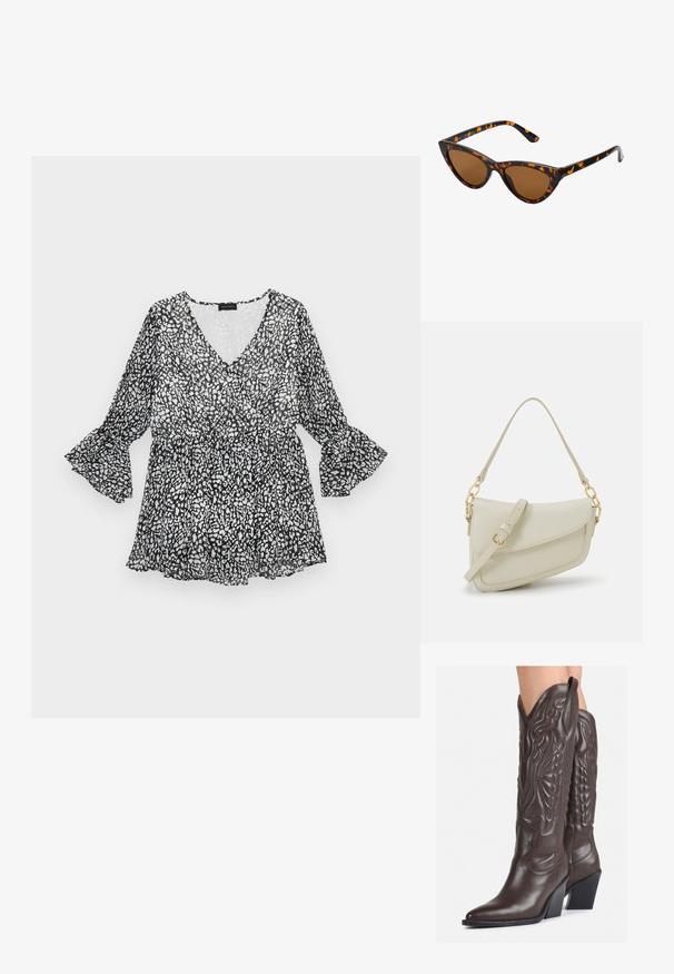 Czarna i biała bluzka w wzory z dekoltem w kształcie litery V, długimi dzwonowymi rękawami i wyciągniętą talią. Lekki, przezroczysty materiał o zwiewnej sylwetce.; Brązowe skórzane kowbojki z noskiem w kształcie migdała i blokowym obcasem, z detalicznym przeszyciem i podniesionymi akcentami na cholewce.; Okulary przeciwsłoneczne w kształcie kocich oczu z czarno-pomarańczową oprawą w deseń żółwia, brązowymi soczewkami i eleganckimi, spiczastymi końcówkami. Posiadają minimalistyczne logo na zauszniku.; Mała torebka w kolorze kremowym z teksturowanym wykończeniem, długim regulowanym paskiem, akcentem z łańcucha oraz zapięciem na klapkę. Wykończenia w kolorze złotym.