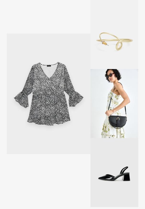 Schwarz-weiße blusartige Bluse mit V-Ausschnitt, langen Glockenärmel und tailliertem Bund. Leichtes, durchscheinendes Material mit fließendem Silhouette.; Schwarze Lackleder-Slingback-High Heels mit spitzem Schuh und einem geometrischen Blockabsatz. Verfügt über ein schlankes, minimalistisches Design und eine glatte Textur.; Schwarze Lederhandtasche mit geschwungener Form, abnehmbarem Tragegurt und goldenen Beschlägen. Die Tasche verfügt über einen Deckel mit einer Schnallen-Details.; Goldfarbener Metallarmreif mit fließendem, geschwungenem Design. Er verfügt an einem Ende über einen kleinen, auffälligen, silberfarbenen Akzent.