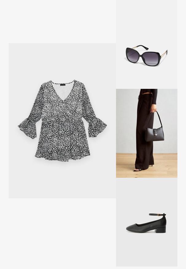 Svart-hvitt mønstret bluse med V-hals, lange ermer med bred åpning og innsnørt midje. Lett, gjennomsiktig materiale med en flytende silhuett.; Sorte skinnpumper med spiss tå og lav blokkhelt. Har ankelrem med gullfarget spenne. Glatt tekstur.; Sorte oversized solbriller med gradient linser, tykke rammer og detaljering med gulltonekjede på tempelarmene.; Svart håndveske med strukturert form, jevn tekstur og metallisk lås. Kombinert med brede svarte bukser og sandaler med åpen tå på tregulv.