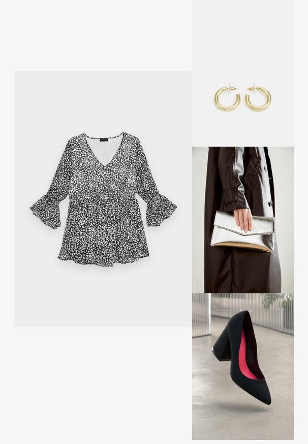 Black and white patterned blouse with a V-neck, long bell sleeves, and a cinched waist. Lightweight, sheer material with a flowing silhouette.; Black high heel shoe with a pointed toe, textured surface, and a vibrant pink interior. Features a chunky heel with silver accent.; Silver metallic clutch with an angular envelope design, smooth texture, and contrasting interior color, held in a hand wearing a black coat.; Gold hoop earrings with a smooth, shiny finish. Circular design featuring a small post and clear backing for secure wear.